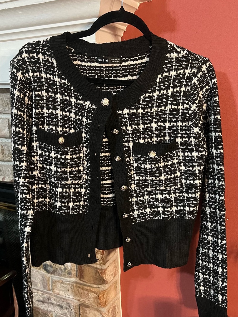 SHEIN Black & White Tweed-Style Button Cardigan